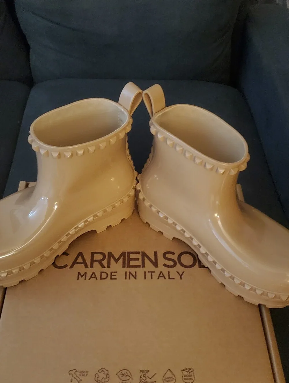 Carmen Sol Graziano Beige Studded Rain Ankle Boots